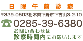 〒329-0502 栃木県下野市下古山3-2-10 0285-39-6380 お問い合わせは診察時間内にお願いします
